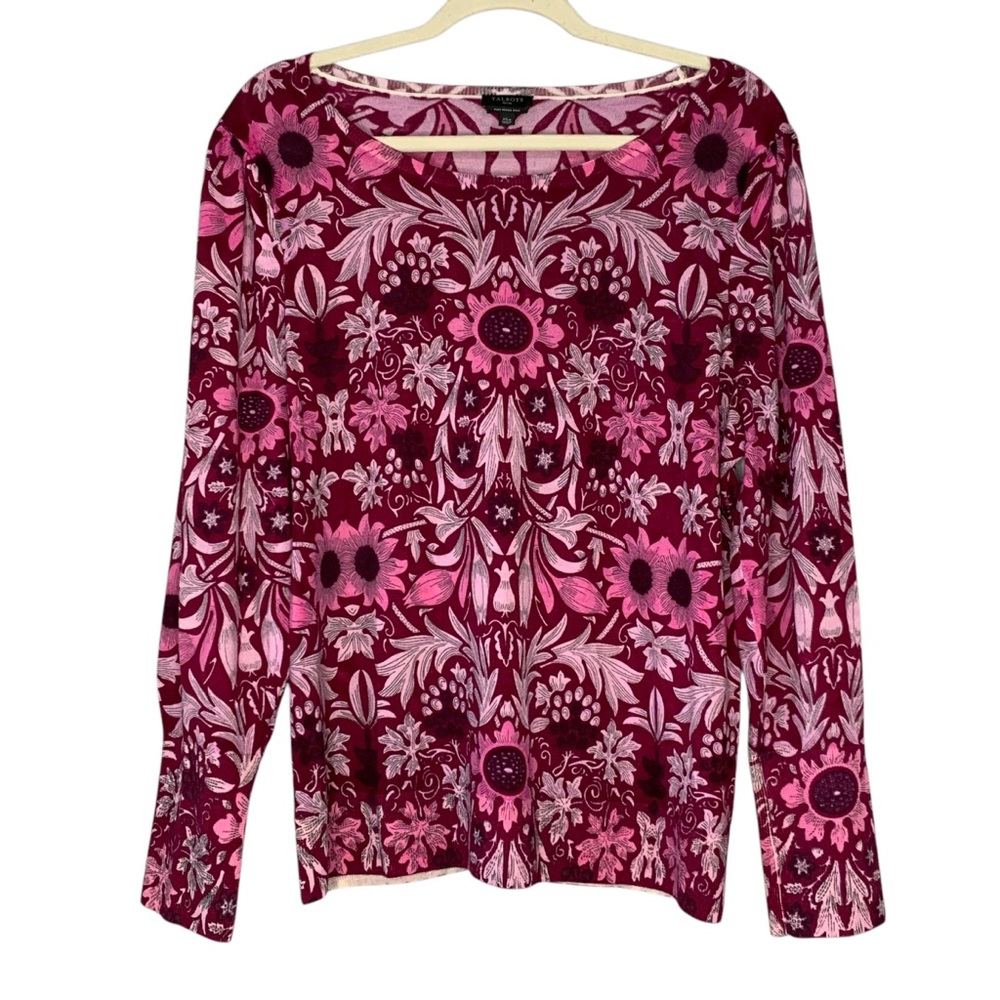 Talbots lightweight merino wool magenta floral puff‎ sleeve sweater. Size XLP